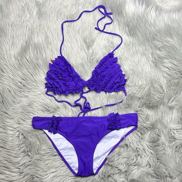 APOLLO Women's Purple Ruffle Halter Neck Backless Bikini Beach Summer Swim Set - Picture 1 of 4
